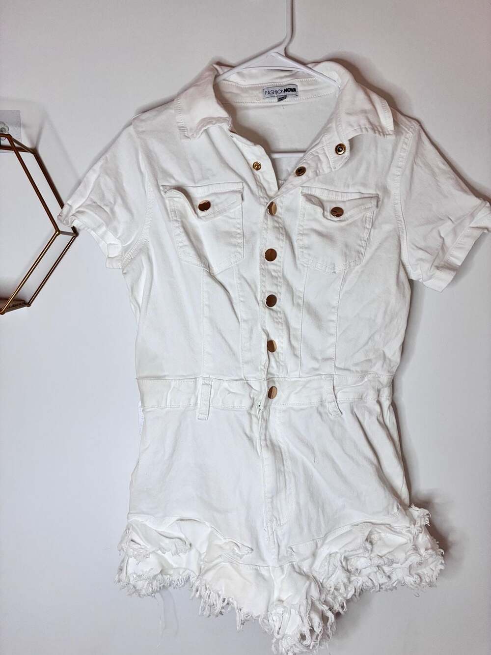 Fashion Nova White Distressed Denim Romper Size Large